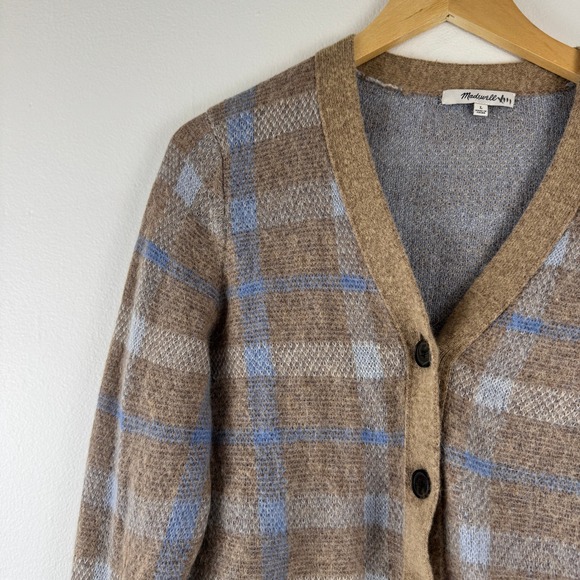 Madewell Alpaca Blend V-Neck Cardigan Plaid Warm Camel Brown Blue NT594 L - Picture 11 of 16
